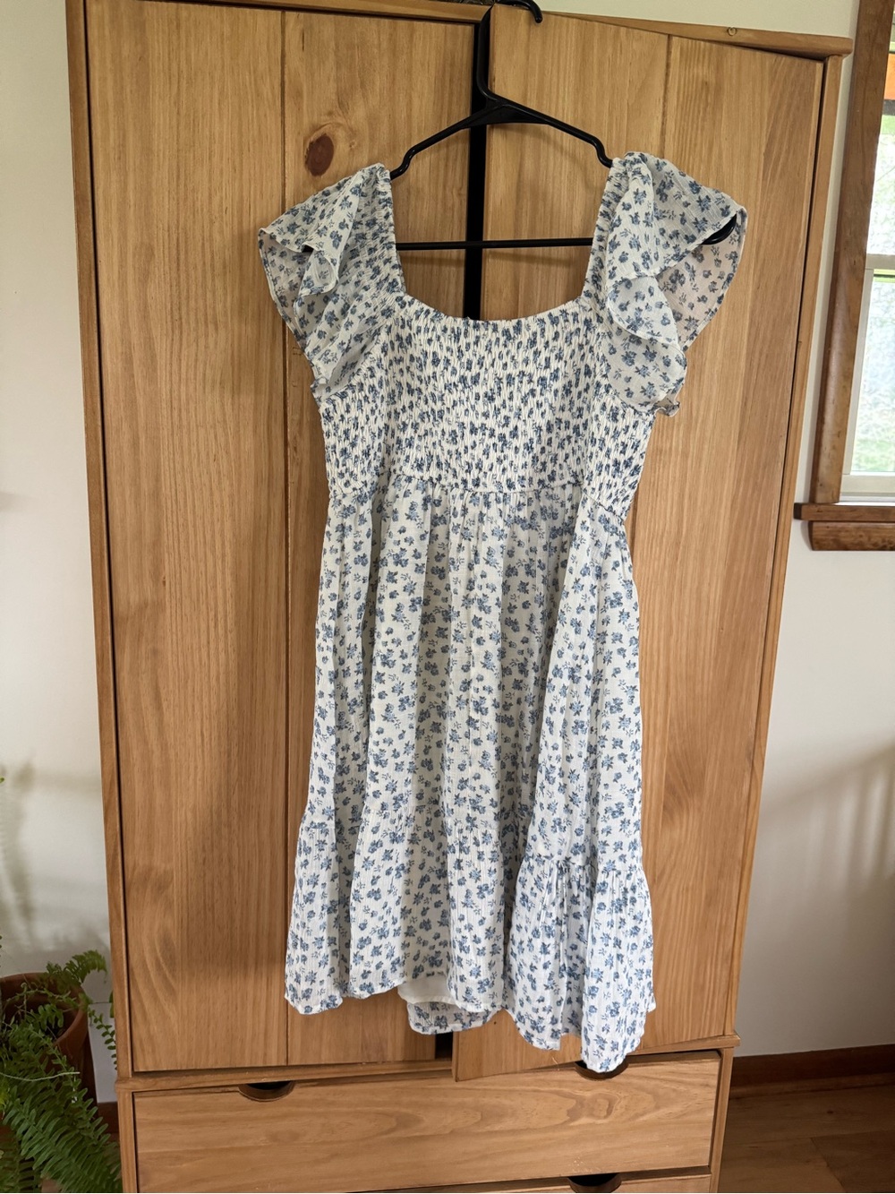 Light Blue Floral Smocked Midi Dress with Ruffle Sleeves
